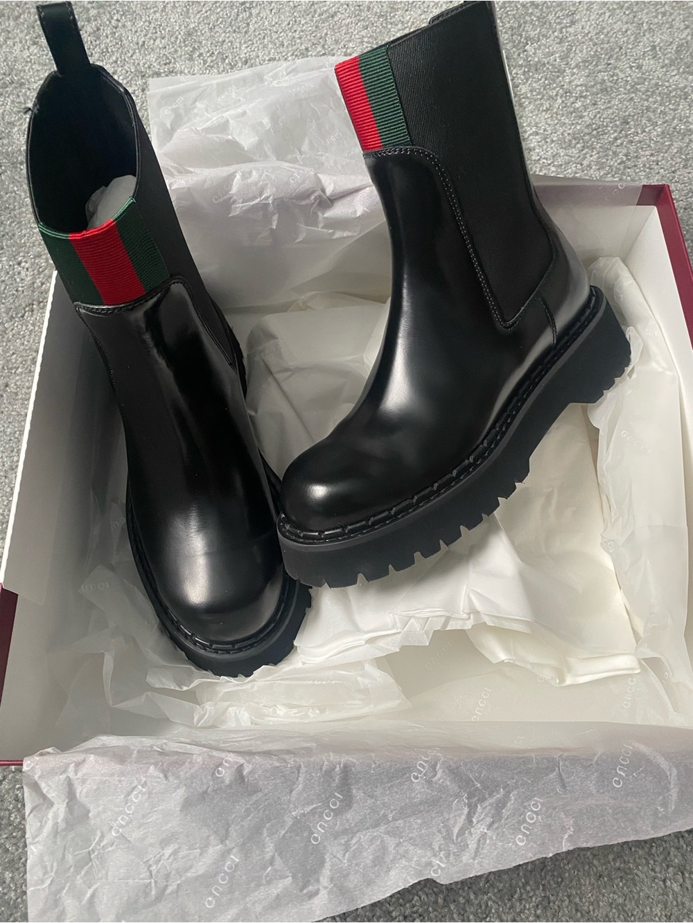 Gucci Black Lug Sole Boot with Red and Green Accent